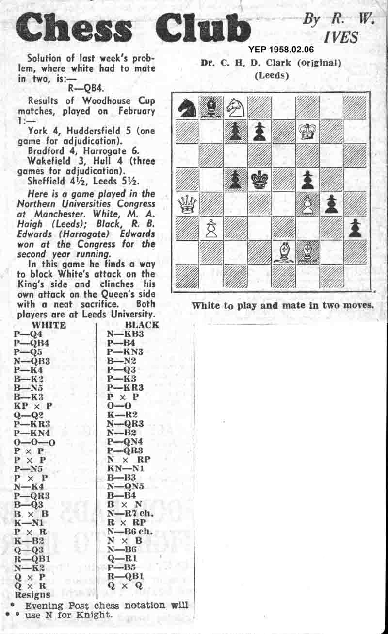 23 January 1958, Yorkshire Evening Post, chess column