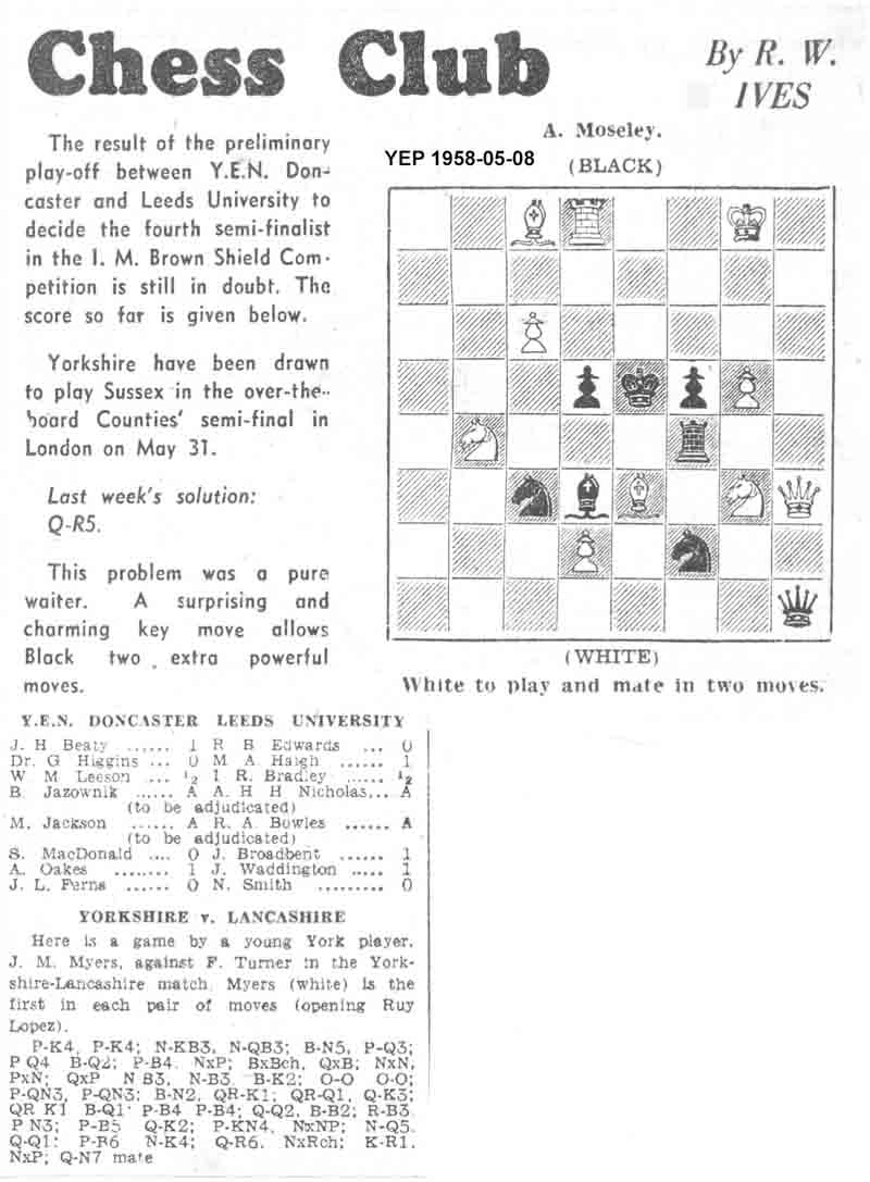 8 May 1958, Yorkshire Evening Post, chess column