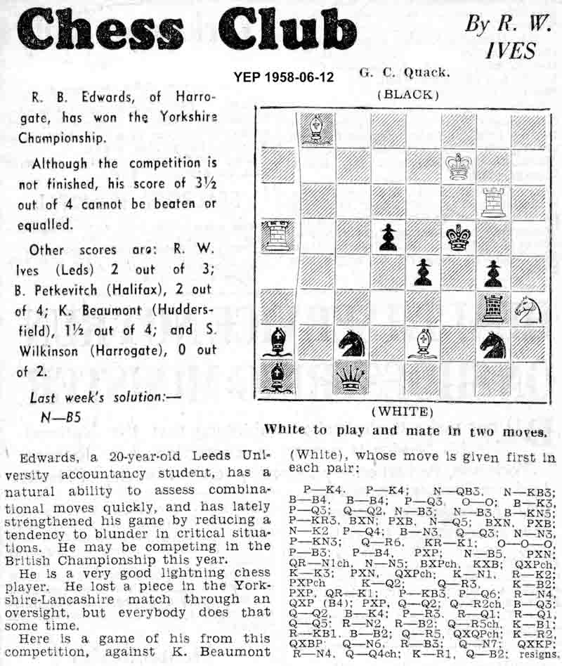 5 June 1958, Yorkshire Evening Post, chess column