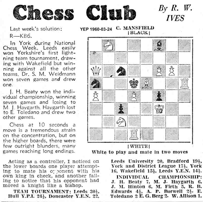 3 March 1960, Yorkshire Evening Post, chess column